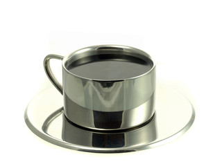 Strong coffee in stainless steel cup, isolated on white