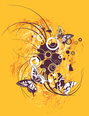 Yellow floral swirl with butterflies, vector illustration