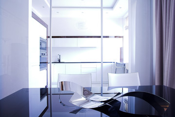 Kitchen interior with table in white