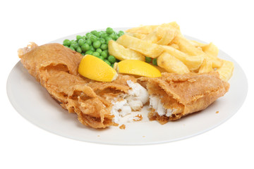 Battered deep-fried cod with chips and peas