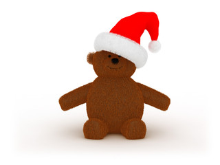 3d illustration of old toy bear in red Santa`s hat