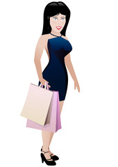 Fille en robe bleu et ses sacs de shopping (détouré)