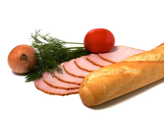 vegetable and meat slices isolated on white