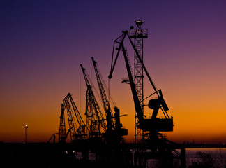Silhouette of several cranes in a harbor, shot during sunset