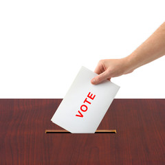Hand with ballot and box isolated on white background