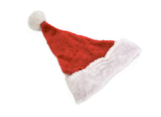 Obraz na płótnie Canvas top view of santa claus hat isolated against white background