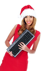 Santa girl hold keyboard,isolated on white