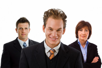 Team photo of happy business people, white background.