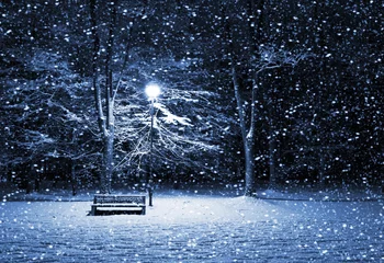 Papier Peint photo Hiver View of bench and shining lantern through snowing. Night shot..