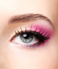 Beautiful pink make-up. macro shot of female human eye