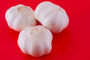 Three garlics on red background