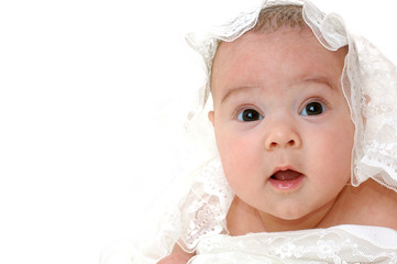 Close-up portrait. Little baby isolated on white background