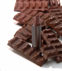 a chocolate flavored lipstick surrounded by chocolate bars