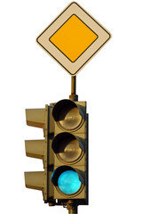 traffic lights (green light)  and sign 