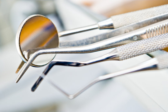 dentist's instruments with shallow depth of field