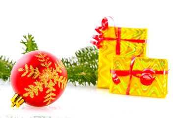 Christmas ball with wrapped luxury gifts