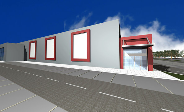 3D render of modern business center isolated over blue sky