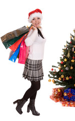 attractive brunette woman with shopping bags