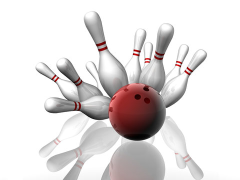 3D render of a bowling strike with shadows and reflection.