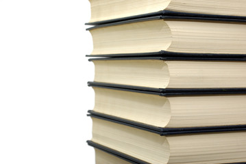 Tall Stack of Hardcover Books with Black Binding on Pure White Background - Educational Literature and Academic Study Materials for University Students and Library Collection