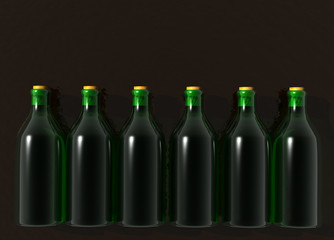 Six Green Glass Wine Bottles on Black