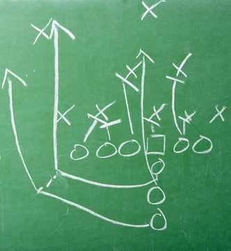 A diagram of an American football play on a green chalkboard