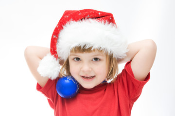 little Santa girl and Christmas baubles, on white