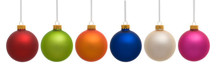 Six Christmas ornaments hanging on white background