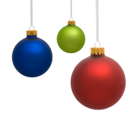 Three Christmas ornaments on white background