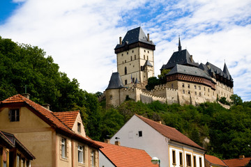 Karlstein castle and roofs of old town