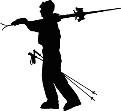 black silhouette skier carrying skis and poles clip art preview