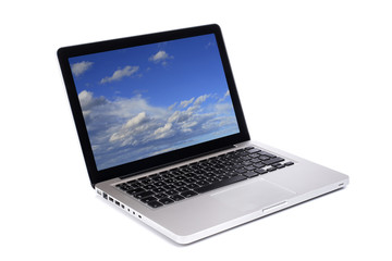 Laptop with blue cloudy sky wallpaper on  white background