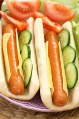 two fresh and delicious hot dogs with vegetables