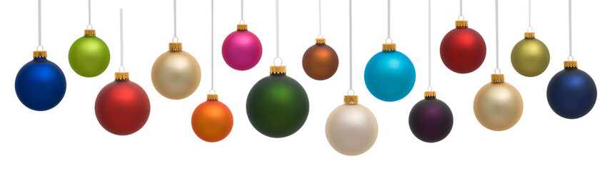 Many colorful Christmas ornaments on white background