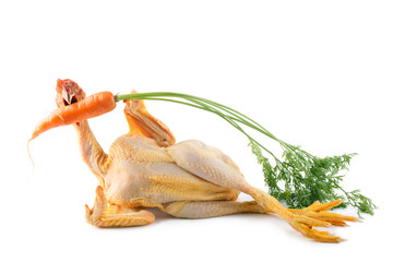nude chicken holding and biting a fresh carrot © Stéphane Bidouze