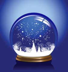 Vector snow globe with a town in blue color, vector illustration