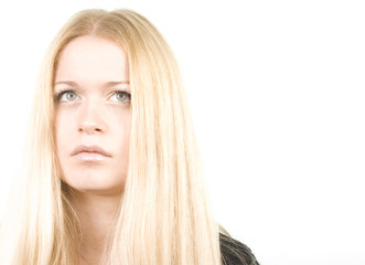 Naklejka premium pretty blond woman in black on white background, high key