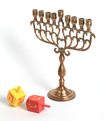 Hanukkah Menora and dreidles, isolated