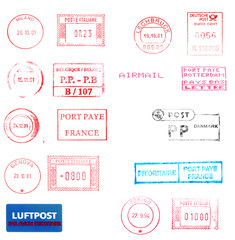 Postage meters, rubber stamps, mail labels isolated over white