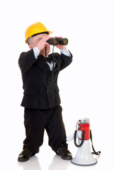 Little man, dwarf construction supervisor with megaphone
