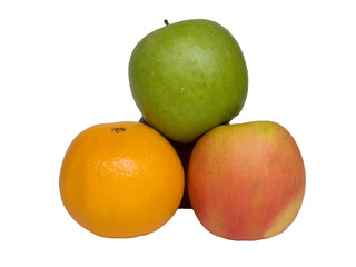 Fruit apples an orange on a white background
