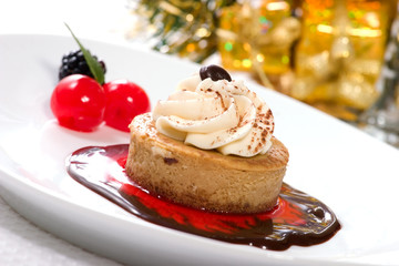 Delicious Cappuccino Cheesecake on chocolate-cherry syrup