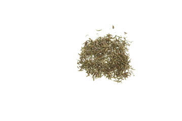 Dried Thyme spread out on a white background