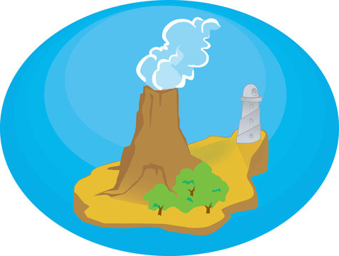 island illustration with volcano in remote location