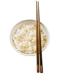bowl of plain rice with chopsticks  isolated on on white