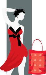 vector image of buyer in red dress with purchases