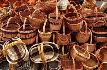 Group of traditional weaved baskets on open market