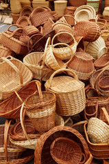 Group of traditional weaved baskets on open market