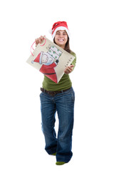 santa woman celebrating christmas holding present bag