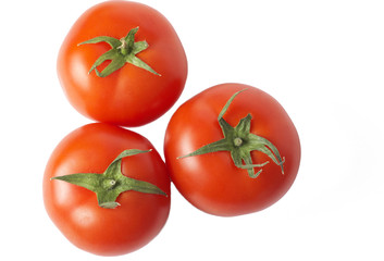 Three ripe red tomatoes isolated on white background